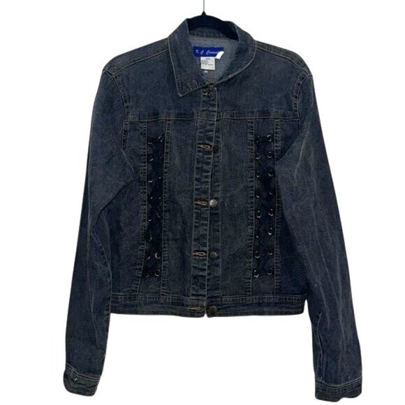 K.C. Casual Black Denim Jacket With Lace-Up Front Design & Button Closure XXXL - Picture 1 of 6